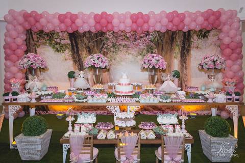 decoração mesa do bolo festa infantil de 1 ano jardim das fadas'