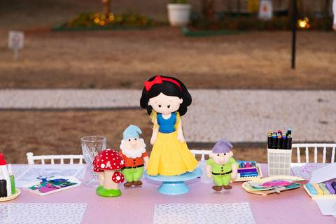 Detalhes da decoração infantil de 3 anos inspirada no tema Branca de Neve. Registro lúdico com doces personalizados, bolo temático e elementos do bosque em Brasília.'