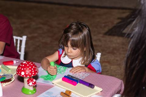 Brincadeiras e interações lúdicas em aniversário infantil de 3 anos. A aniversariante Liz se divertindo com oficinas criativas, casinha de brinquedo e atividades recreativas.'