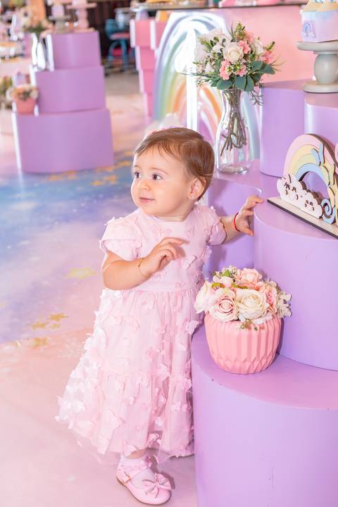 A pequena Cecília de vestido rosa de festa. Registro individual de aniversário de um ano em Brasília.'