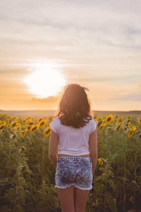 amigas no girassol sorrindo por do sol'