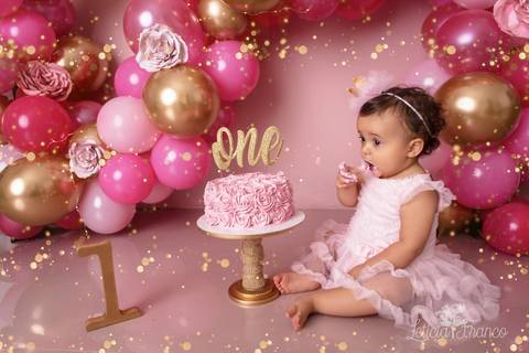 cenário completo com balões smash the cake arco desconstruído rosa e rourado fotografia primeiro ano com bolo registrado pela fotógrafa Letícia Leticia Franco em brasília brasilia df jardim botânico botanico'
