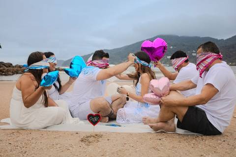 As melhores ideias e inspirações criativas de fotos do Chá Revelação na Praia com a Família'