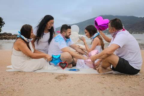 As melhores ideias e inspirações criativas de fotos do Chá Revelação na Praia com a Família'