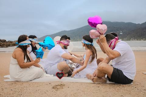 As melhores ideias e inspirações criativas de fotos do Chá Revelação na Praia com a Família'