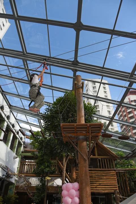 Foto da Aniversariante Pendurada na Tirolesa No Buffet Pindorama Na Vila Conceição - SP, Foto Feita Pela Priscila Felix Fotógrafa de Família, Casamento e Ensaios '