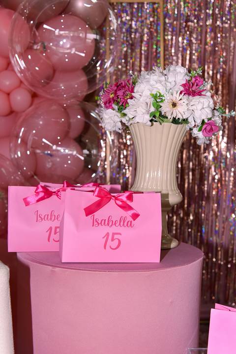 Foto da Decoração Rosa, Com Flores, Bexigas e Sacolinhas Com o Nome da Aniversariante Isabella No Sítio Em Mogi das Cruzes - SP, Foto Feita Pela Priscila Felix Fotógrafa de Família, Casamentos e Ensaios '