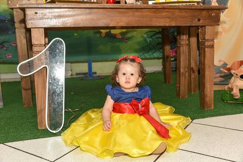 Foto da Aniversariante Vestida de Branca De Neve Sentada No Chão Em Frente à Mesa do Bolo Em São Paulo - SP, Foto Feita Pela Priscila Felix Fotógrafa de Família, Casamento e Ensaios '