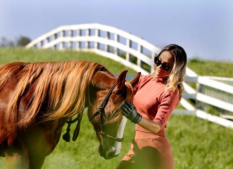 Mulher no campo com cavalo'