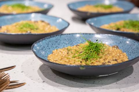 Plano fechado em risotos finalizados, apresentados em pratos da Porto Brasil, exibindo a textura cremosa e a decoração impecável no evento Westwing em Moema, São Paulo.'