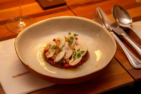 Seleção de pratos gourmet e finger foods servidos no evento Westwing com influenciadores digitais no Clandestina Restaurante em São Paulo, evidenciando a curadoria gastronômica exclusiva e o requinte do banquete.'