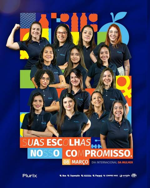 Banner quadrado do Dia da Mulher da Plurix (São Paulo) com uma colagem de retratos de diversas funcionárias sorridentes, em celebração ao 8 de Março e ao talento feminino da empresa'