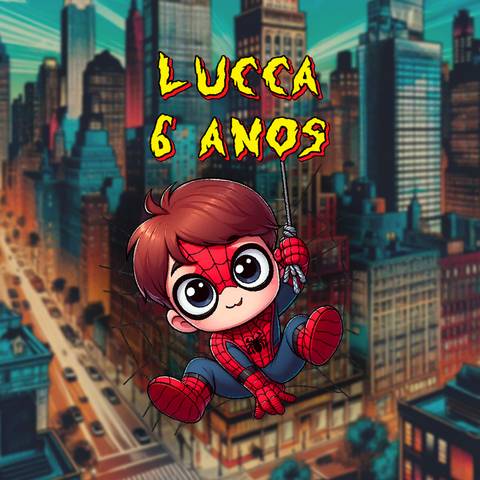 Capa de álbum de aniversário infantil: menino desenhado como Homem-Aranha no centro, com cidade colorida estilo gibi ao fundo, e o título 'Lucca 6 anos' em fonte temática do Homem-Aranha'