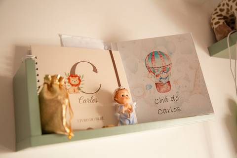 Dois álbuns de fotografia, um azul e um marrom, em uma estante verde com um pequeno bonequinho de anjo decorativo em ensaio de família em SP'