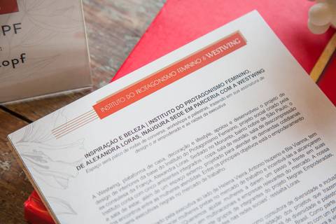 Plano fechado em uma apresentação do projeto do Instituto do Protagonismo Feminino em um papel sobre a mesa, detalhando seus objetivos.'