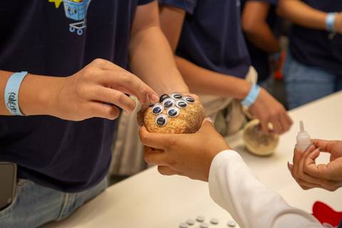 Criança na oficina, montando uma 'cabeça de grama' com vários olhos, demonstrando criatividade e imaginação. (Evento Plurix, São Paulo, Fotógrafo Bruno Arita)'