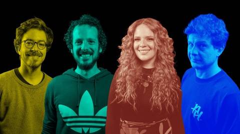 Capa para vídeo (formato 16:9) da banda Madressilva, com os quatro integrantes e fundo preto, seguindo a disposição de cores de inspiração Tropicália. (Banda Madressilva, Ensaio Musical, Fotos Bruno Arita)'