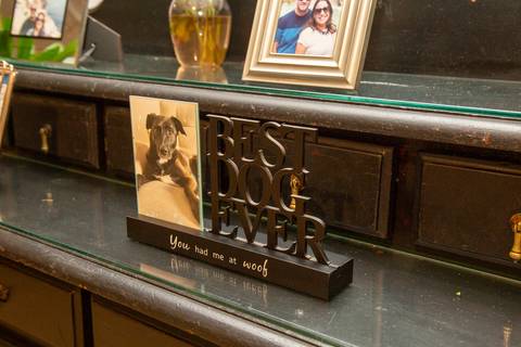 Detalhe de porta-retrato decorativo com foto de pet em evento social. Fotografia afetiva por Bruno Arita.'