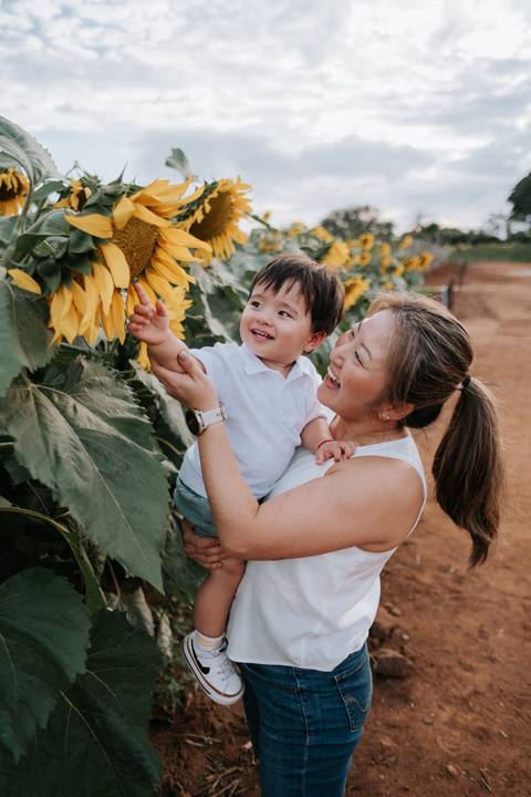 foto mãe e filho em campo de girassóis'