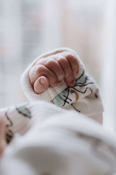 Foto em detalhe da mão do recém-nascido.'