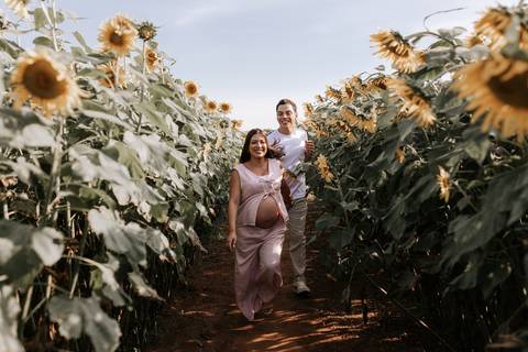 Foto do casal caminhando entre fileiras de girassóis em um campo ensolarado.'