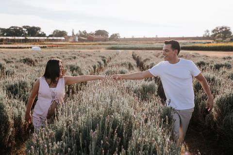 Foto do casal no corredor de flores do campo.'