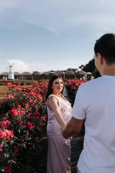 Foto da gestante olhando para trás com moinho de vento e flores ao fundo.'