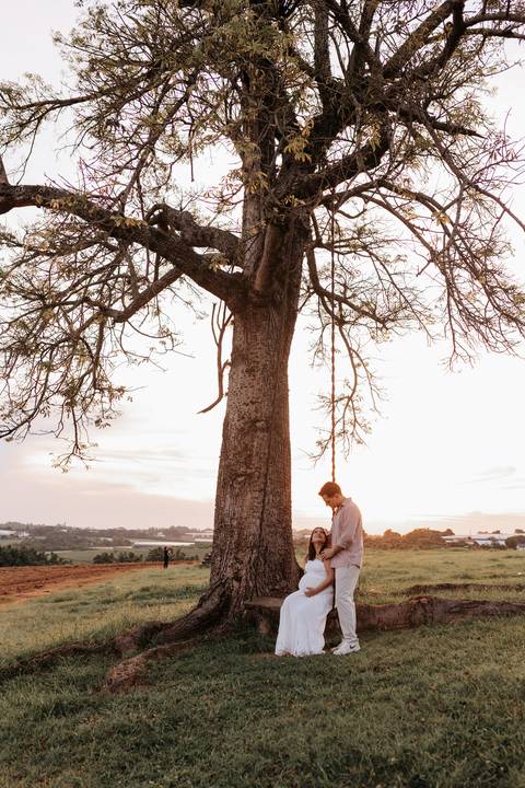 Foto em plano aberto do casal sob a sombra de uma árvore frondosa no campo.'
