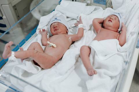 Foto dos gêmeos descansando lado a lado no berço aquecido.'