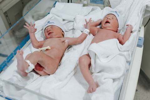 Foto dos gêmeos descansando lado a lado.'