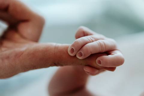 Foto da mãozinha da bebê segurando o dedo do pai.'