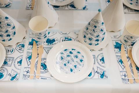 Foto em detalhe de jogo americano e prato descartável temático de aviões.'