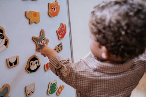 Foto do aniversariante de costas interagindo com painel magnético de bichinhos.'