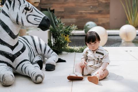 Foto do aniversariante sentado no chão ao lado de uma zebra decorativa.'