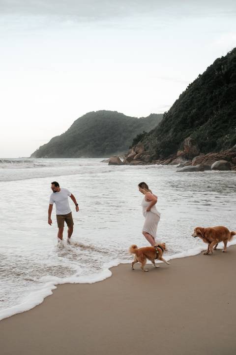Foto panorâmica do casal caminhando na beira-mar acompanhado por seus cães.'