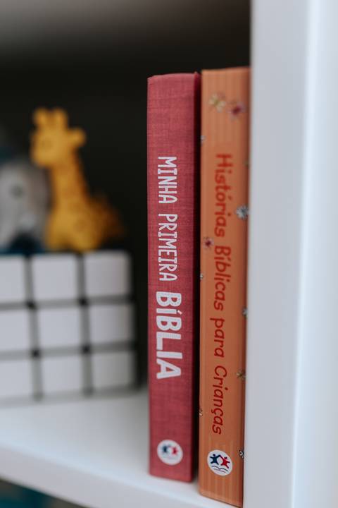 Close de livros infantis coloridos organizados na prateleira do quarto do bebê.'