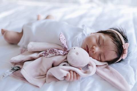 Foto da bebê deitada de bruços na cama branca ao lado de sua naninha de coelho rosa.'