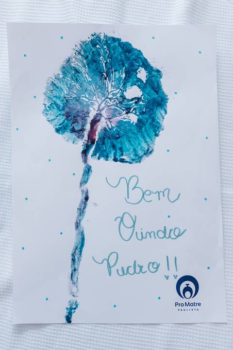 Close focado na arte do carimbo da placenta feito em tons de azul e roxo, com a escrita manuscrita 