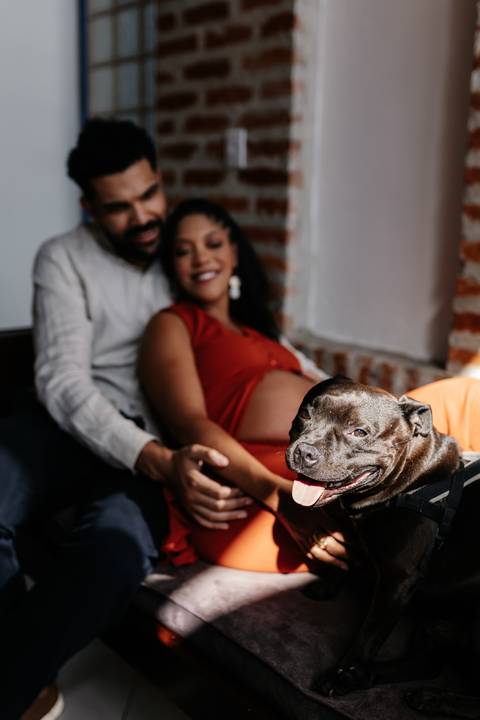 Registro do casal sorrindo no divã enquanto o cachorro de estimação posa alegremente em primeiro plano.'