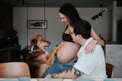 Cachorro interagindo com o casal perto da barriga.'