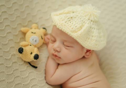 bebê com boina e girafinha de crochê em ensaio newborn de recém-nascido'