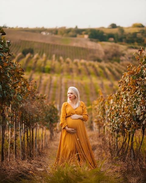 Foto aérea dos parreirais com a gestante em destaque. Composição artística com foco no ambiente natural.'