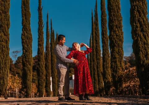 Gestante com vestido esvoaçante bege encostada em parede de pedra, em um momento de contemplação e conexão com o bebê.'