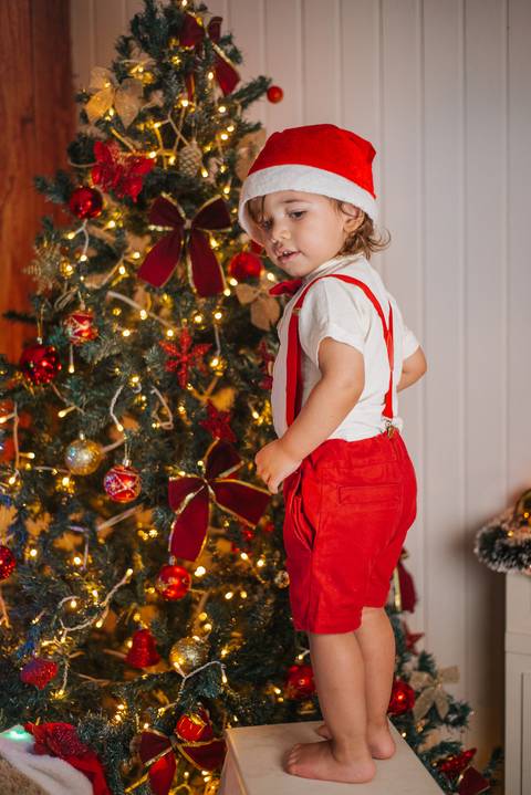 Inspiração de fotografia infantil natalina em ambiente rústico.'