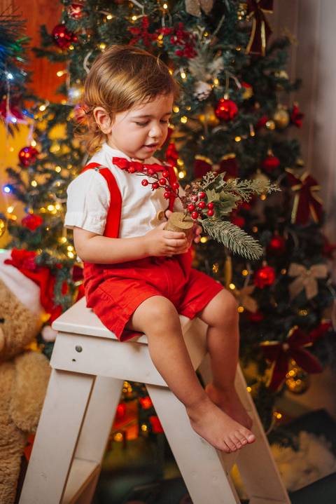 Ensaio de Natal do Evan com árvore iluminada ao fundo.'