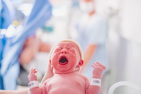 Recém-nascida chorando nos primeiros instantes de vida após o nascimento, fotografia de parto hospitalar.'
