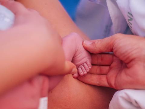 Detalhe das mãos do bebê recém-nascido sendo seguradas pelos pais, fotografia de nascimento.'