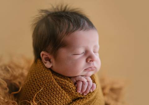 Bebê recém-nascido em ensaio newborn tradicional, posição de bruços adaptada e condução técnica segura'