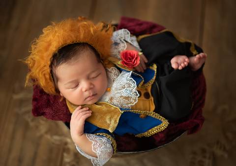 Ensaio newborn tradicional temático A Bela e a Fera com o Benício, bebê recém-nascido em cenário inspirado no conto clássico'