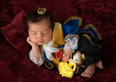 Ensaio newborn tradicional com bebê recém-nascido, pose clássica adaptada em cenário temático A Bela e a Fera'